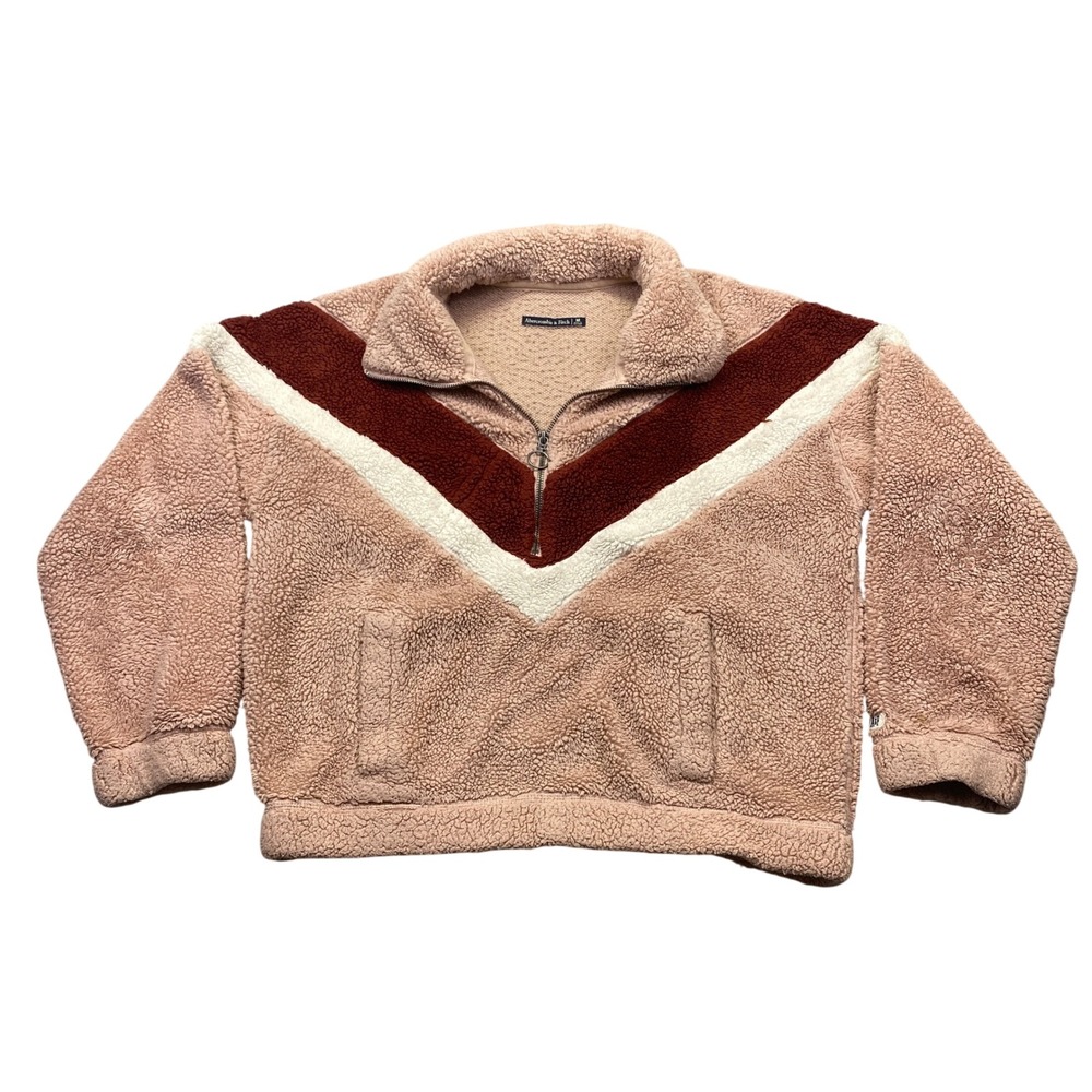 Abercrombie & Fitch Womens Sz M Sherpa Fleece Quarter Zip Chevron Pullover Mauve